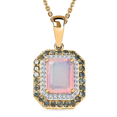 D'Joy Ethiopian Opal, Alexandrite and White Zircon Double Halo Pendant with Chain (Size 20) in 18K Vermeil Yellow Gold Plated Sterling Silver 2.33 Ct.