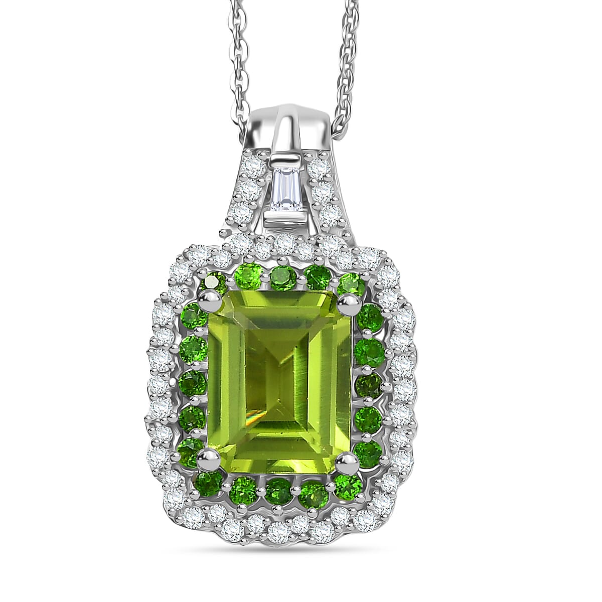 D'Joy Peridot, White Zircon & Natural Chrome Diopside Pendant with Chain (Size 20) in Rhodium Overlay Sterling Silver 3.69 Ct.
