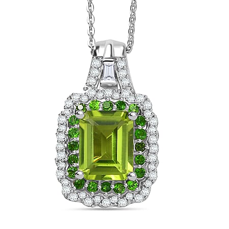 D'Joy Peridot, White Zircon and Natural Chrome Diopside Double Halo Pendant with Chain (Size 20) in Rhodium Overlay Sterling Silver 3.69 Ct.