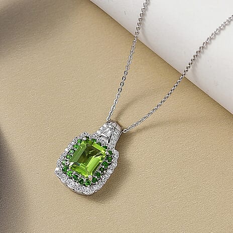 D'Joy Peridot, White Zircon & Natural Chrome Diopside Pendant with Chain (Size 20) in Rhodium Overlay Sterling Silver 3.69 Ct.
