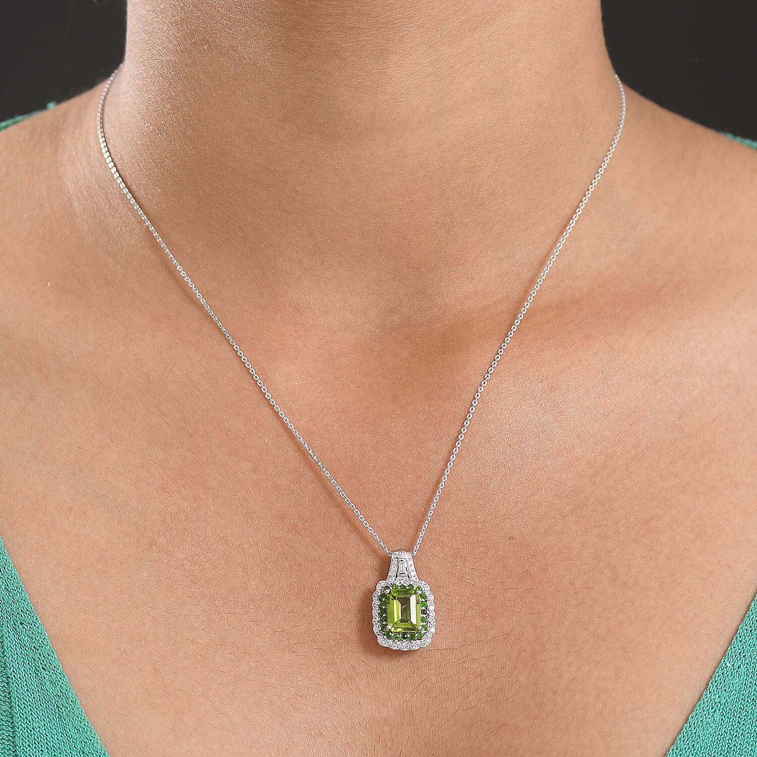 D'Joy Peridot, White Zircon & Natural Chrome Diopside Pendant with Chain (Size 20) in Rhodium Overlay Sterling Silver 3.69 Ct.