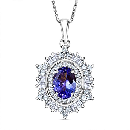 D'Joy Tanzanite, Moissanite Halo Pendant with Chain (Size 20) in Rhodium Overlay Sterling Silver 1.37 Ct.