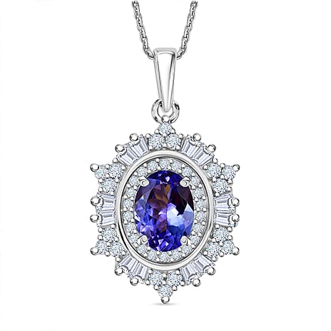 D'Joy Tanzanite & Moissanite Pendant with Chain (Size 20) in Rhodium Overlay Sterling Silver 1.37 Ct.