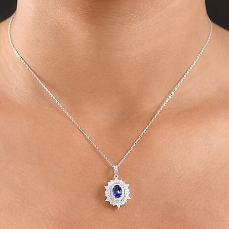 D'Joy Tanzanite & Moissanite Pendant with Chain (Size 20) in Rhodium Overlay Sterling Silver 1.37 Ct.