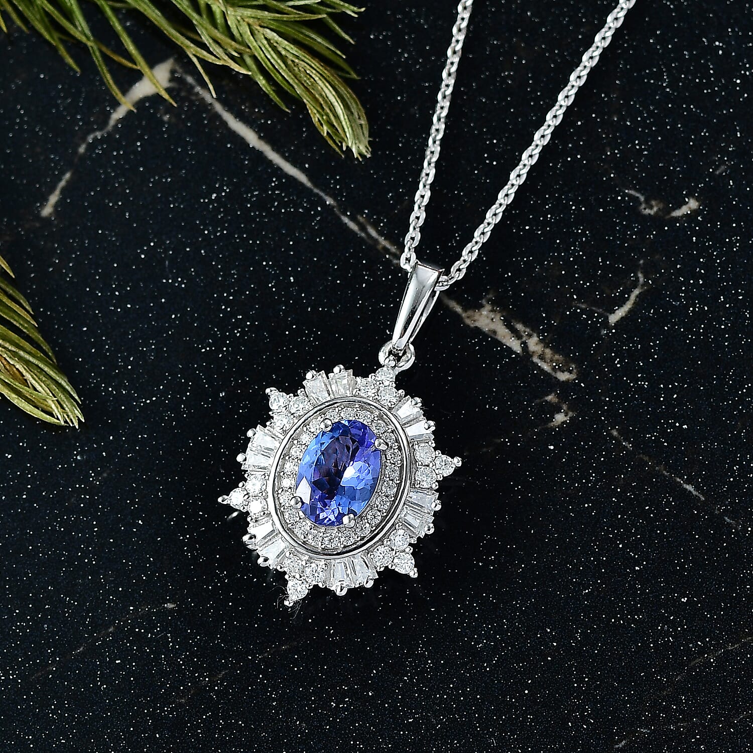 D'Joy Tanzanite & Moissanite Pendant with Chain (Size 20) in Rhodium Overlay Sterling Silver 1.37 Ct.