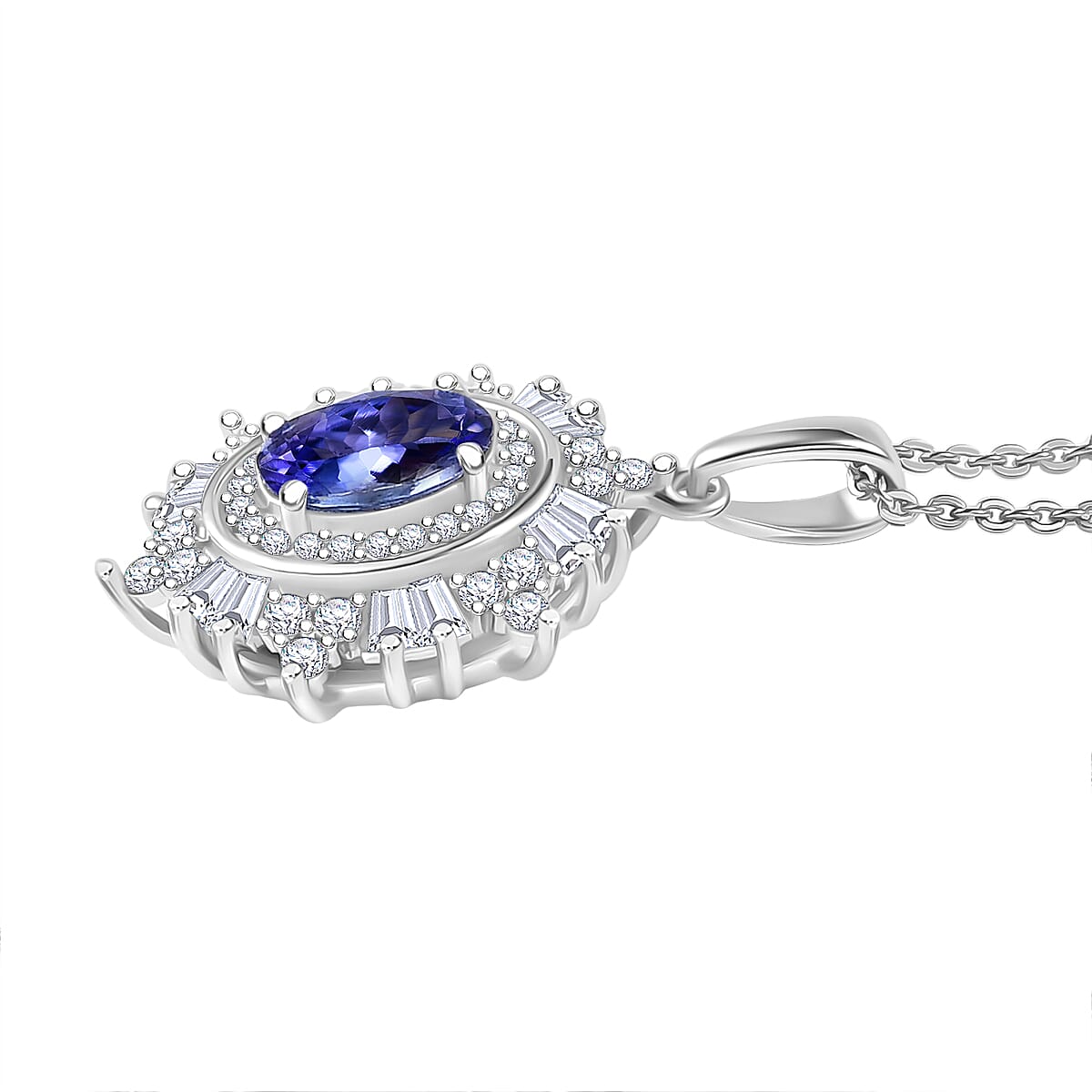D'Joy Tanzanite & Moissanite Pendant with Chain (Size 20) in Rhodium Overlay Sterling Silver 1.37 Ct.