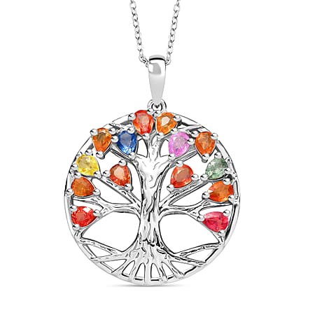 Rainbow Sapphire & Blue Sapphire Pendant with Chain (Size 20) in Rhodium Overlay Sterling Silver 2.11 Ct.