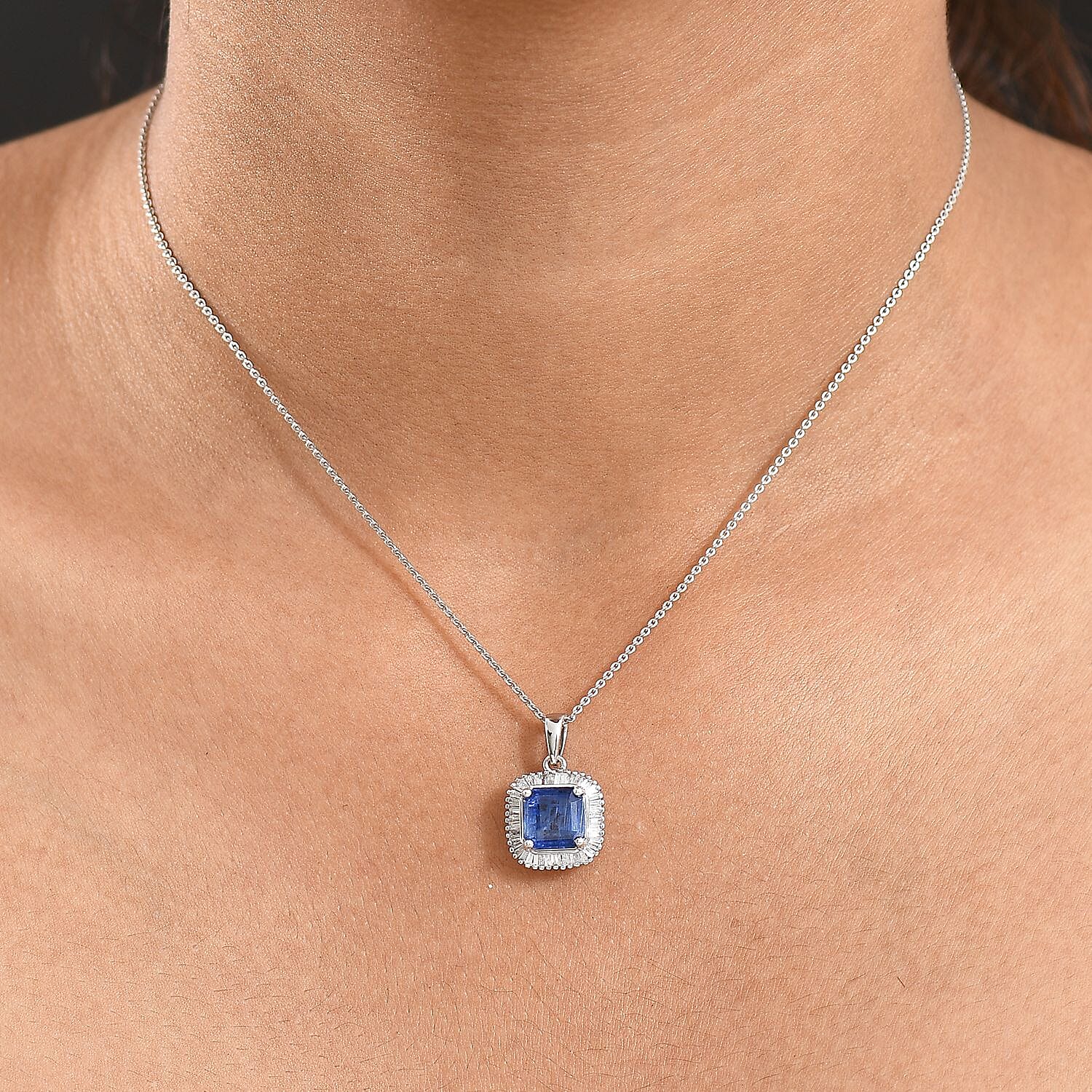 Heir to the Kashmir Sapphire - Nilamani & White Diamond Pendant with Chain (Size 20) in Rhodium Overlay Sterling 3.07 Ct.