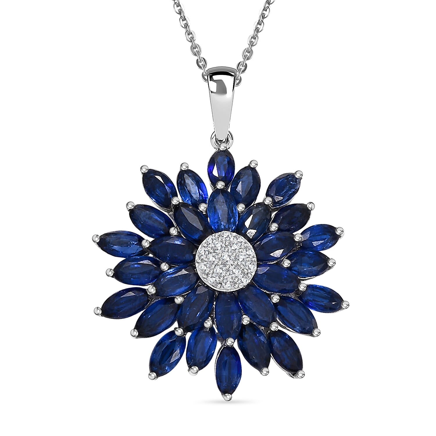 D'joy Kashmir Kyanite & White Zircon Pendant with Chain (Size 20) in Rhodium Overlay Sterling Silver 7.67 Ct.