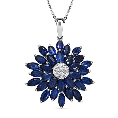 D'joy Kashmir Kyanite & White Zircon Pendant with Chain (Size 20) in Rhodium Overlay Sterling Silver 7.67 Ct.