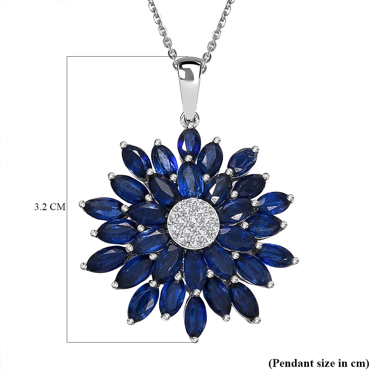 D'joy Kashmir Kyanite & White Zircon Pendant with Chain (Size 20) in Rhodium Overlay Sterling Silver 7.67 Ct.