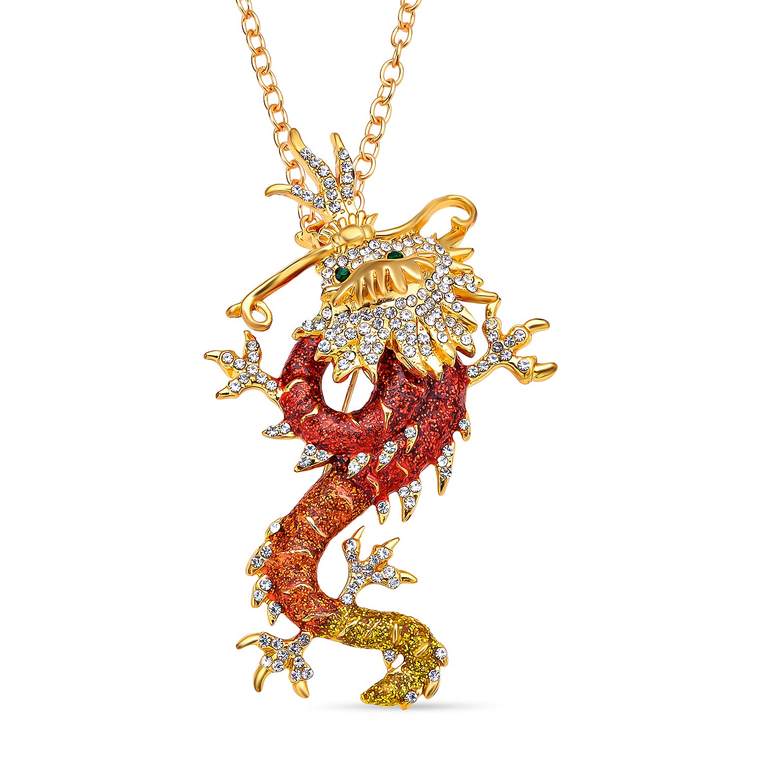 Austrian Green Crystal & Austrian White Crystal Dragon Pendant Brooch with Chain (Size 24)