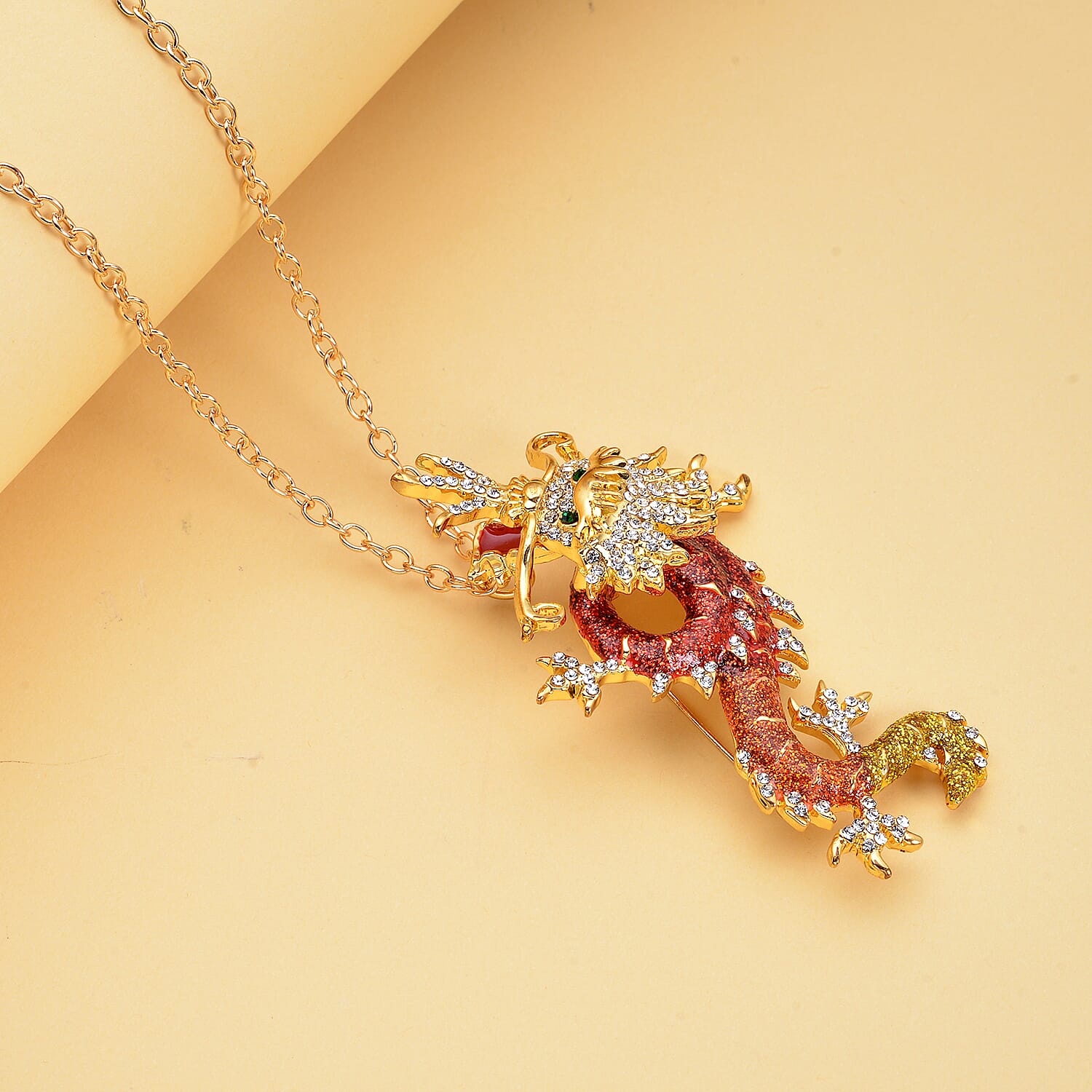 Austrian Green Crystal & Austrian White Crystal Dragon Pendant Brooch with Chain (Size 24)