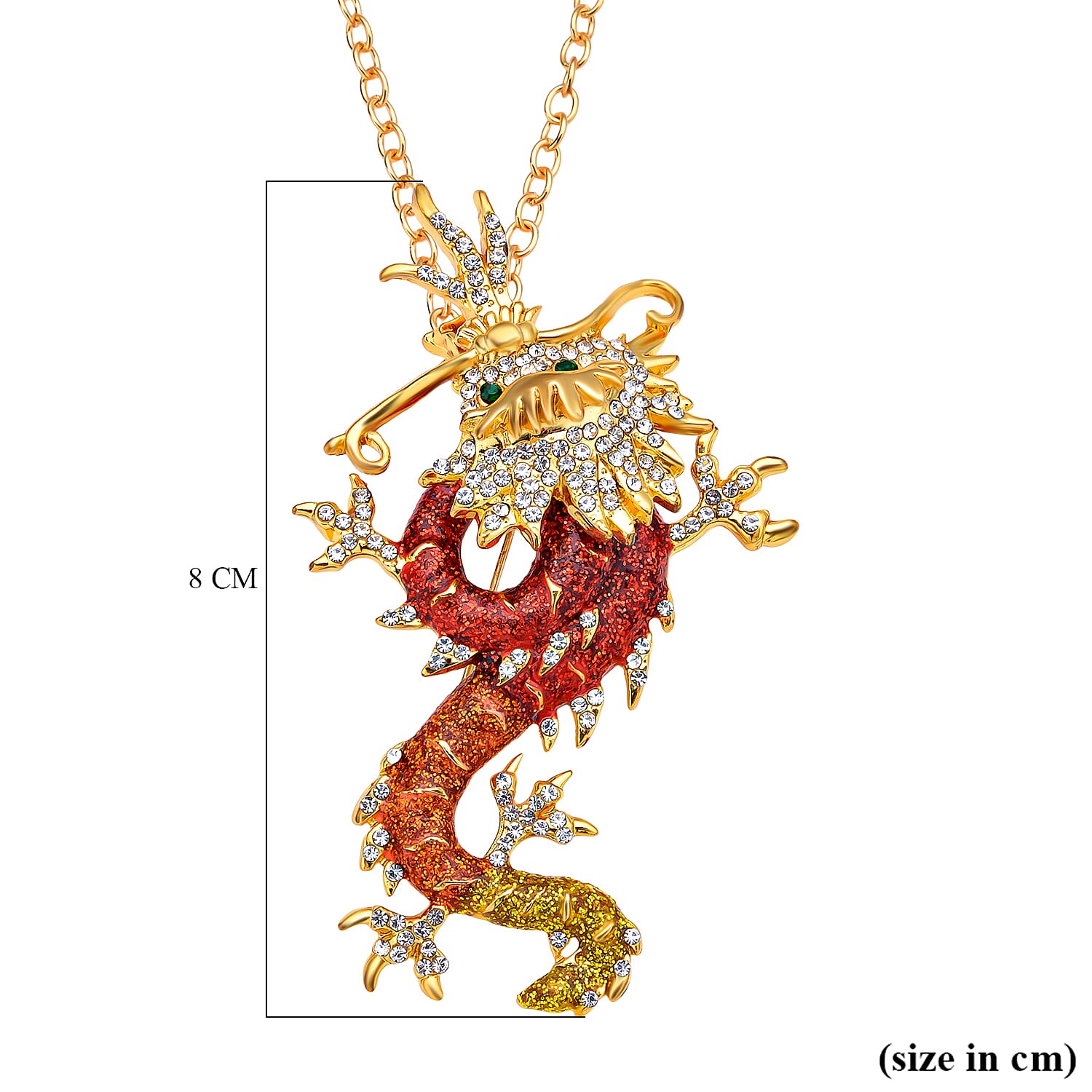 Austrian Green Crystal & Austrian White Crystal Dragon Pendant Brooch with Chain (Size 24)