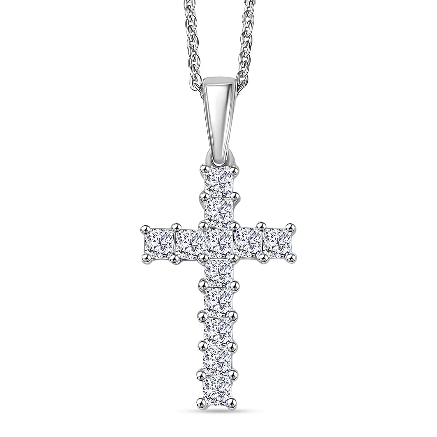 Luxuriant Lab Grown Diamond (VS-EF) Cross Pendant with Chain (Size 20) in Rhodium Overlay Sterling Silver