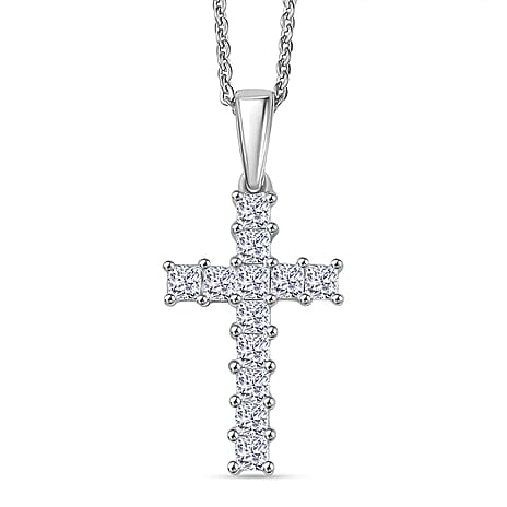 Luxuriant Lab Grown Diamond (VS-EF) Cross Pendant with Chain (Size 20) in Rhodium Overlay Sterling Silver