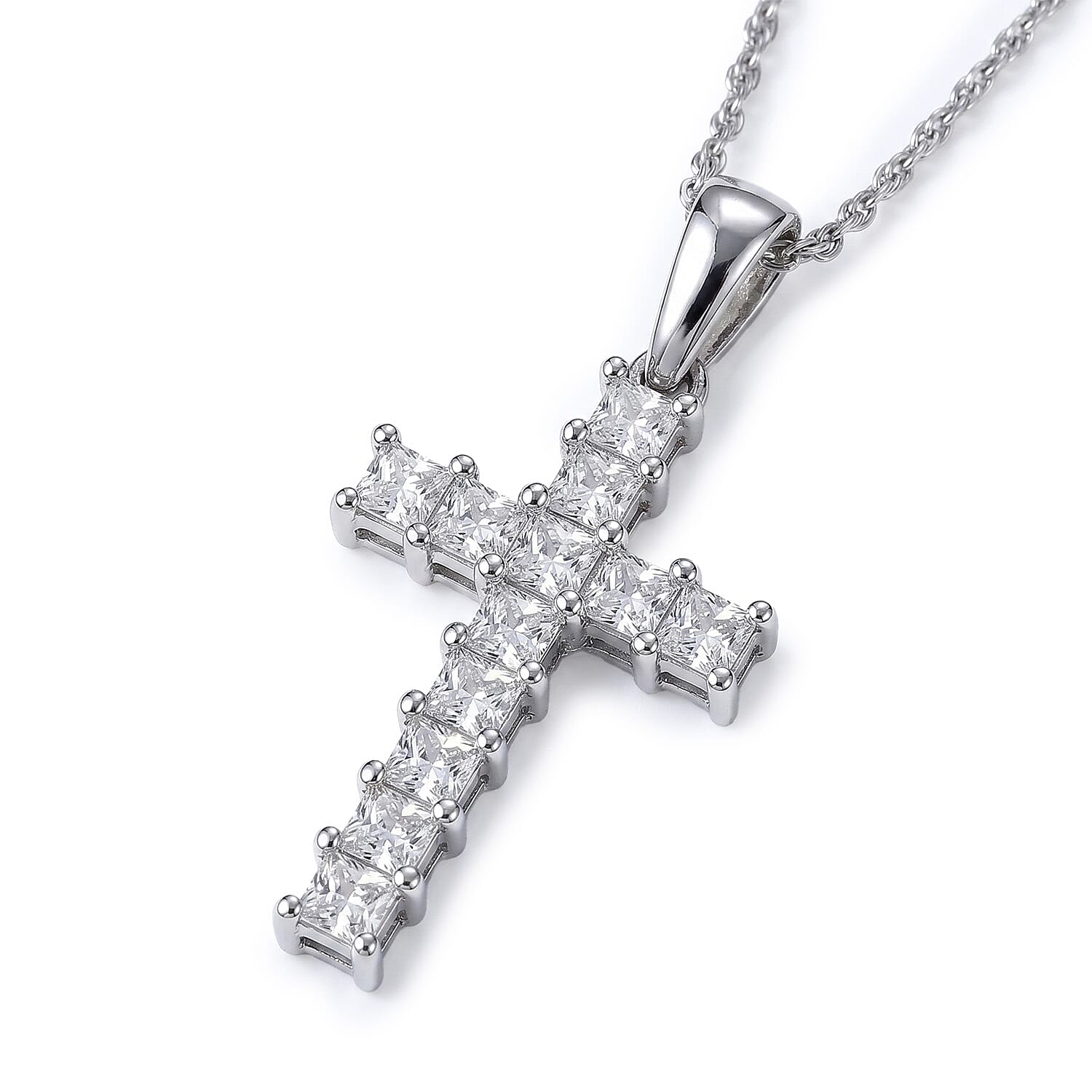Luxuriant Lab Grown Diamond (VS-EF) Cross Pendant with Chain (Size 20) in Rhodium Overlay Sterling Silver