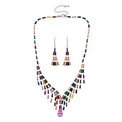 2 Piece Set - Austrian Multi Color Crystal Necklace (Size - 16-2 Inch) & Dangling Earring in Yellow Gold Plated