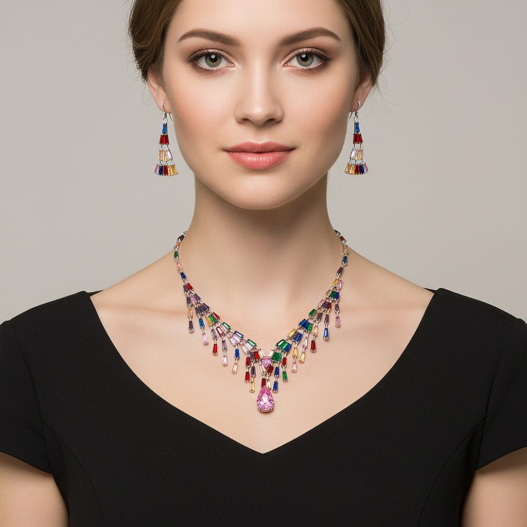 2 Piece Set - Austrian Multi Color Crystal Necklace (Size - 16-2 Inch) & Dangling Earring in Silver Plated