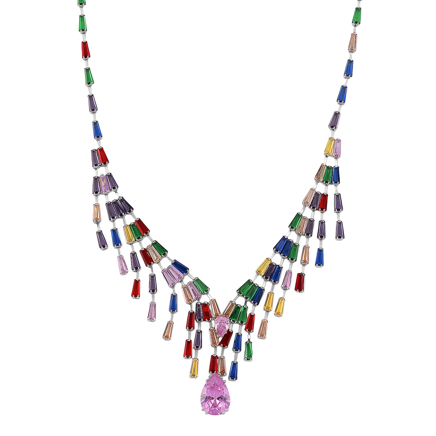 2 Piece Set - Austrian Multi Color Crystal Necklace (Size - 16-2 Inch) & Dangling Earring in Silver Plated