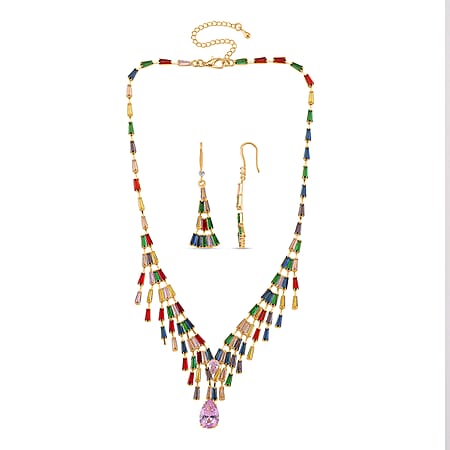 2 Piece Set - Austrian Multi Color Crystal Necklace & Dangling Earring in Yellow Gold Plated