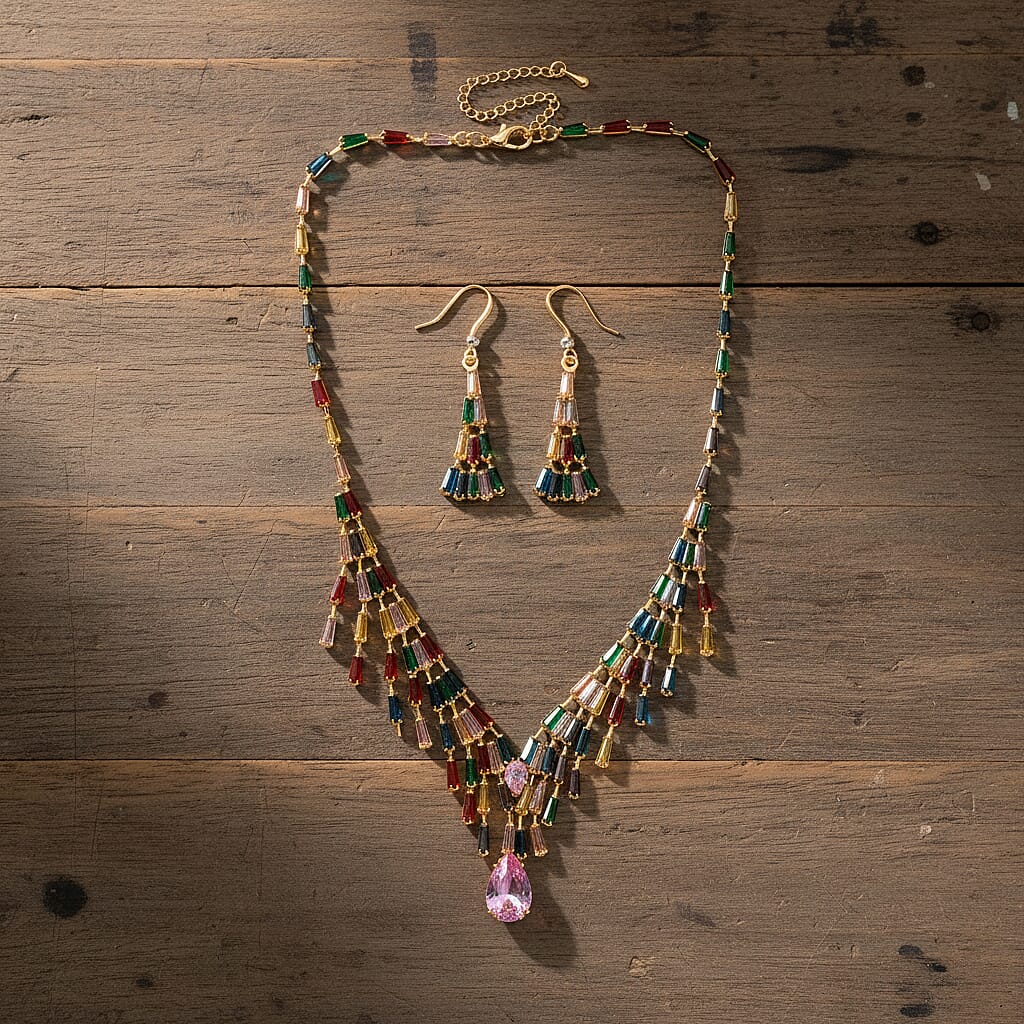 2 Piece Set - Austrian Multi Color Crystal Necklace & Dangling Earring in Yellow Gold Plated