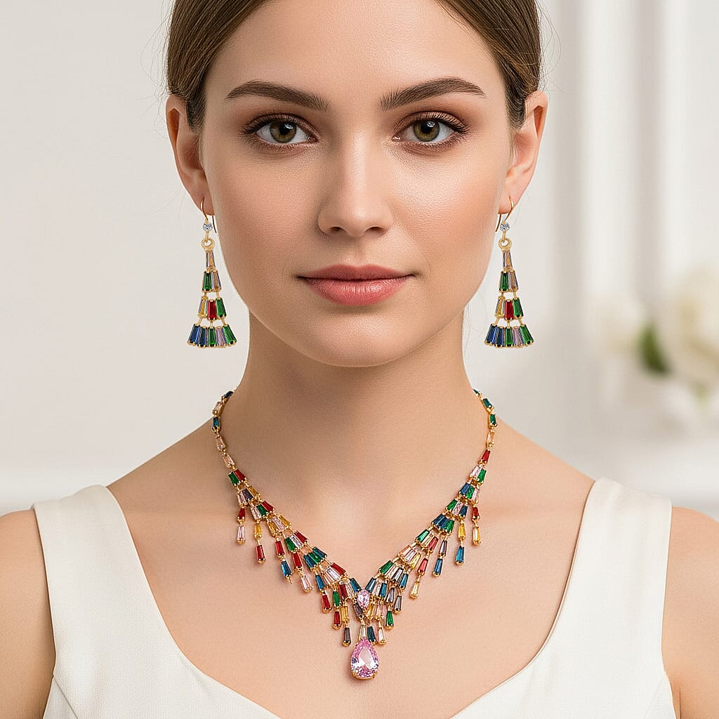 2 Piece Set - Austrian Multi Color Crystal Necklace & Dangling Earring in Yellow Gold Plated