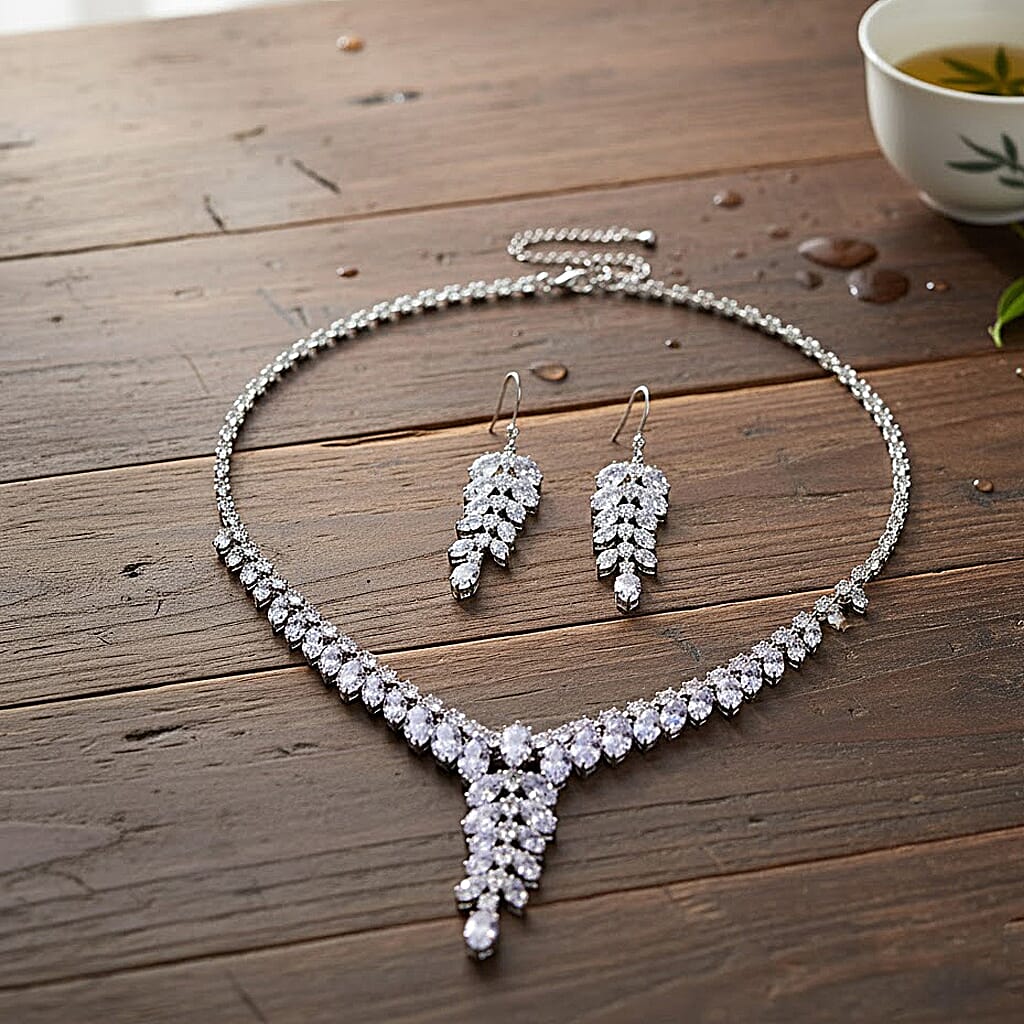 2 Piece Set - Austrian White Crystal & Austrian Multi Color Crystal Necklace (Size - 18-2 Inch Ext) & Dangling Earring in White Gold Plated