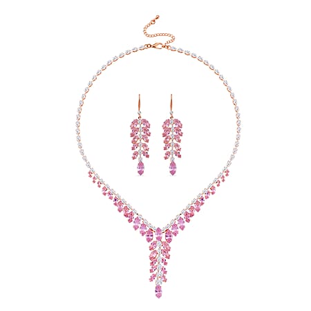 2 Piece Set - Austrian White Crystal & Austrian Pink Crystal Necklace (Size - 18-2 Inch Ext) & Dangling Earring in Rose Gold Plated