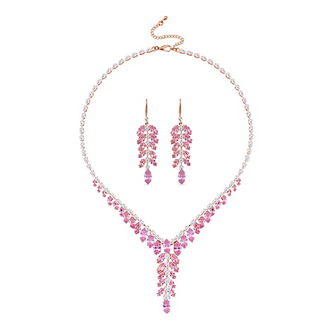 2 Piece Set - Austrian White Crystal & Austrian Pink Crystal Necklace (Size - 18-2 Inch Ext) & Dangling Earring in Rose Gold Plated