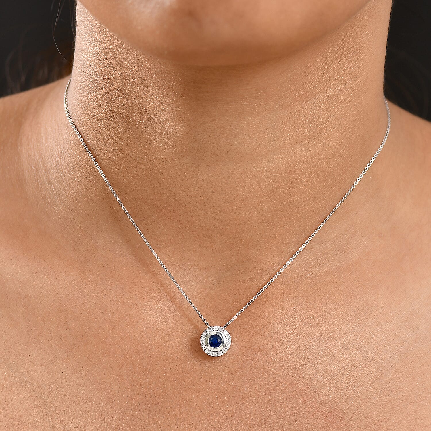 Natural Kashmir Kyanite & White Zircon Pendant with Chain (Size 20) in Platinum Overlay Sterling Silver