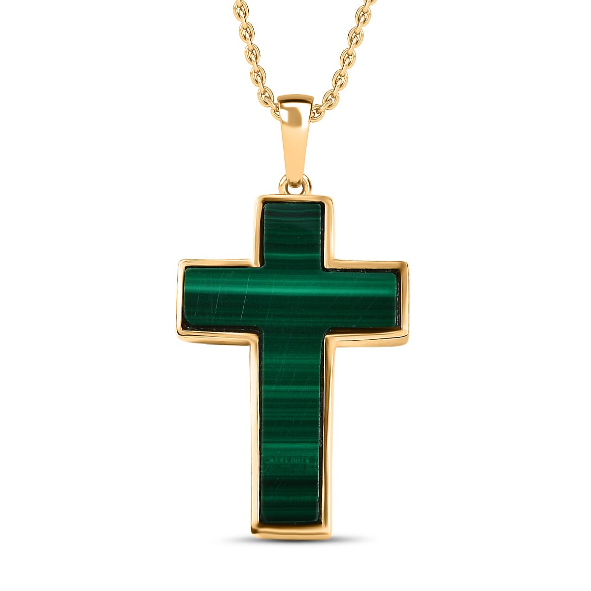 Malachite Cross Pendant with Chain (Size 20) in Yellow Gold Plated 21.82 Ct.