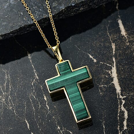 Malachite Cross Pendant with Chain (Size 20) in Yellow Gold Plated 21.82 Ct.