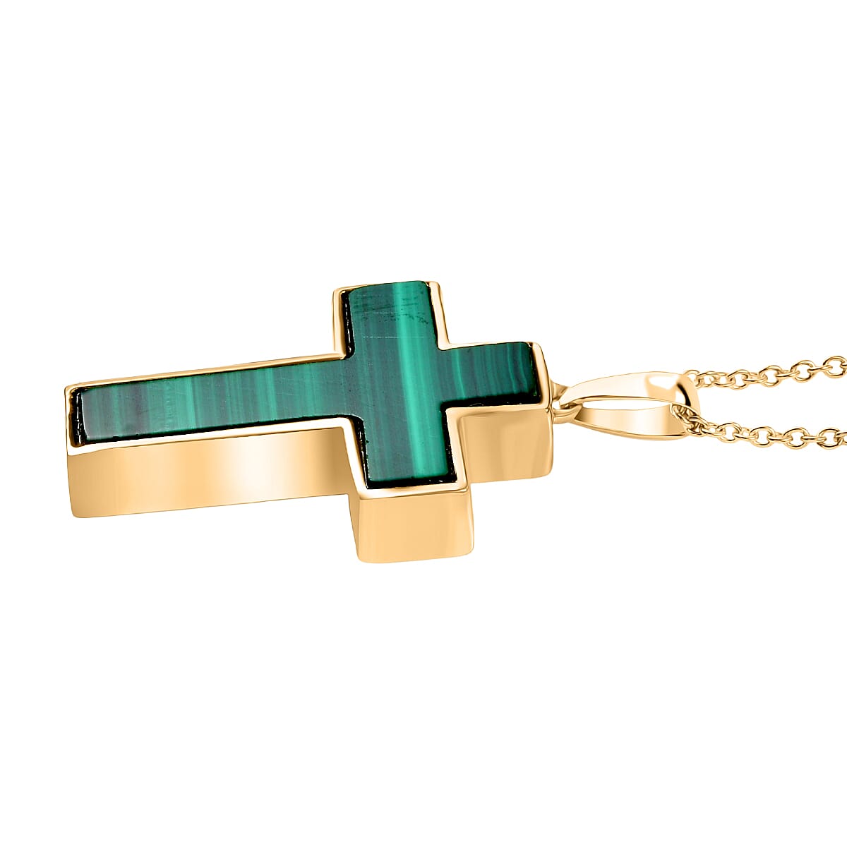 Malachite Cross Pendant with Chain (Size 20) in Yellow Gold Plated 21.82 Ct.