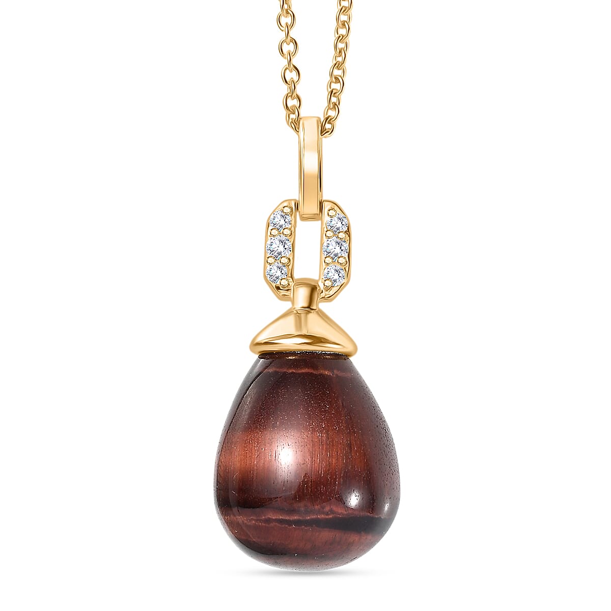 EverTrue Red Tiger Eye & White Zircon Pendant with Chain (Size 20) in Yellow Gold Plated 29.31 Ct.
