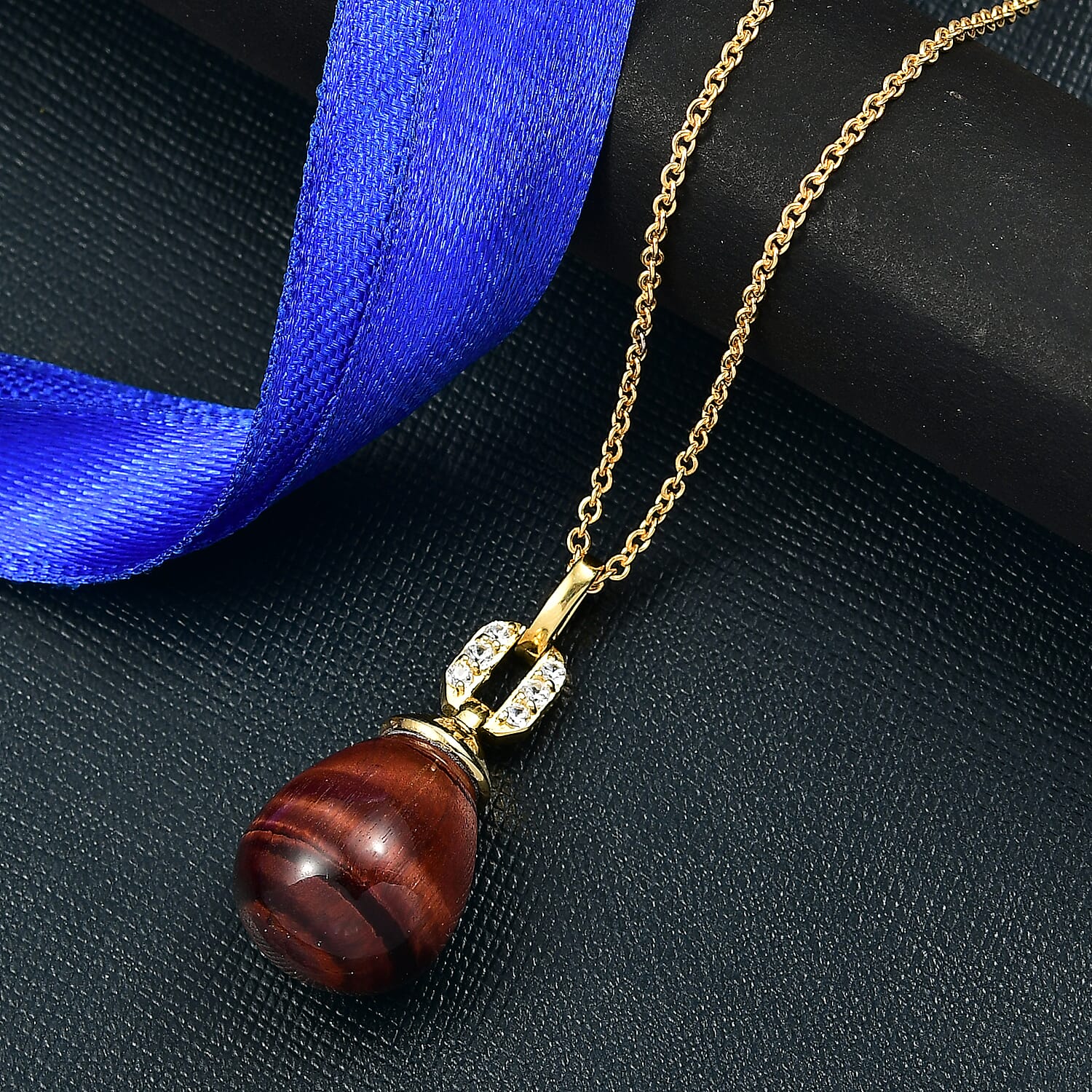 EverTrue Red Tiger Eye & White Zircon Pendant with Chain (Size 20) in Yellow Gold Plated 29.31 Ct.