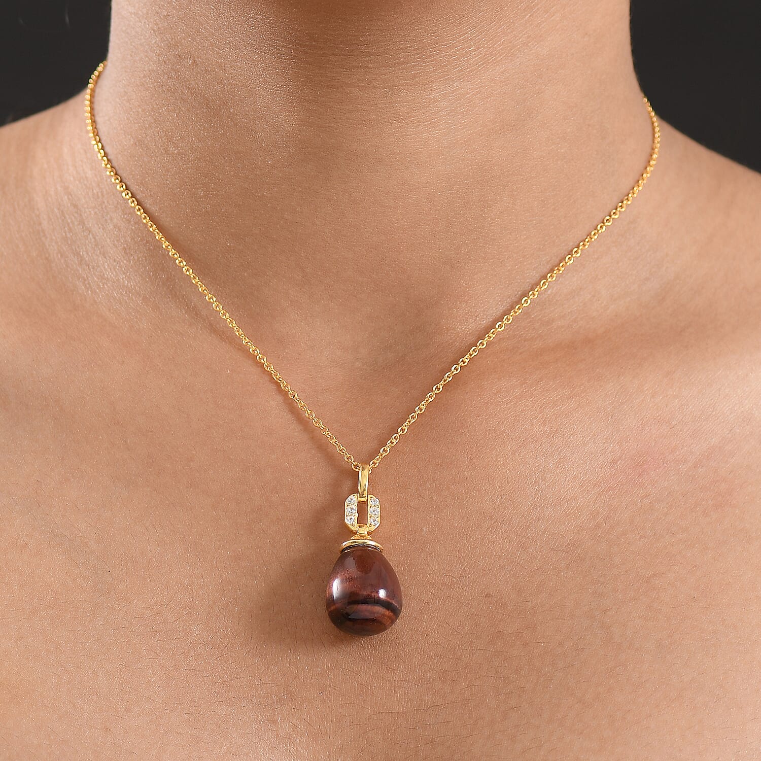 EverTrue Red Tiger Eye & White Zircon Pendant with Chain (Size 20) in Yellow Gold Plated 29.31 Ct.