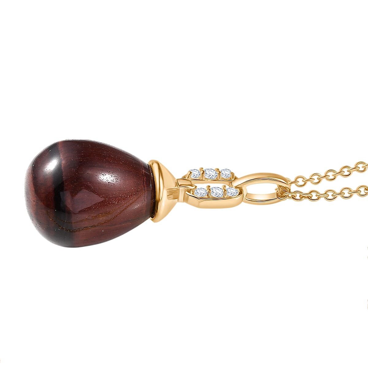 EverTrue Red Tiger Eye & White Zircon Pendant with Chain (Size 20) in Yellow Gold Plated 29.31 Ct.