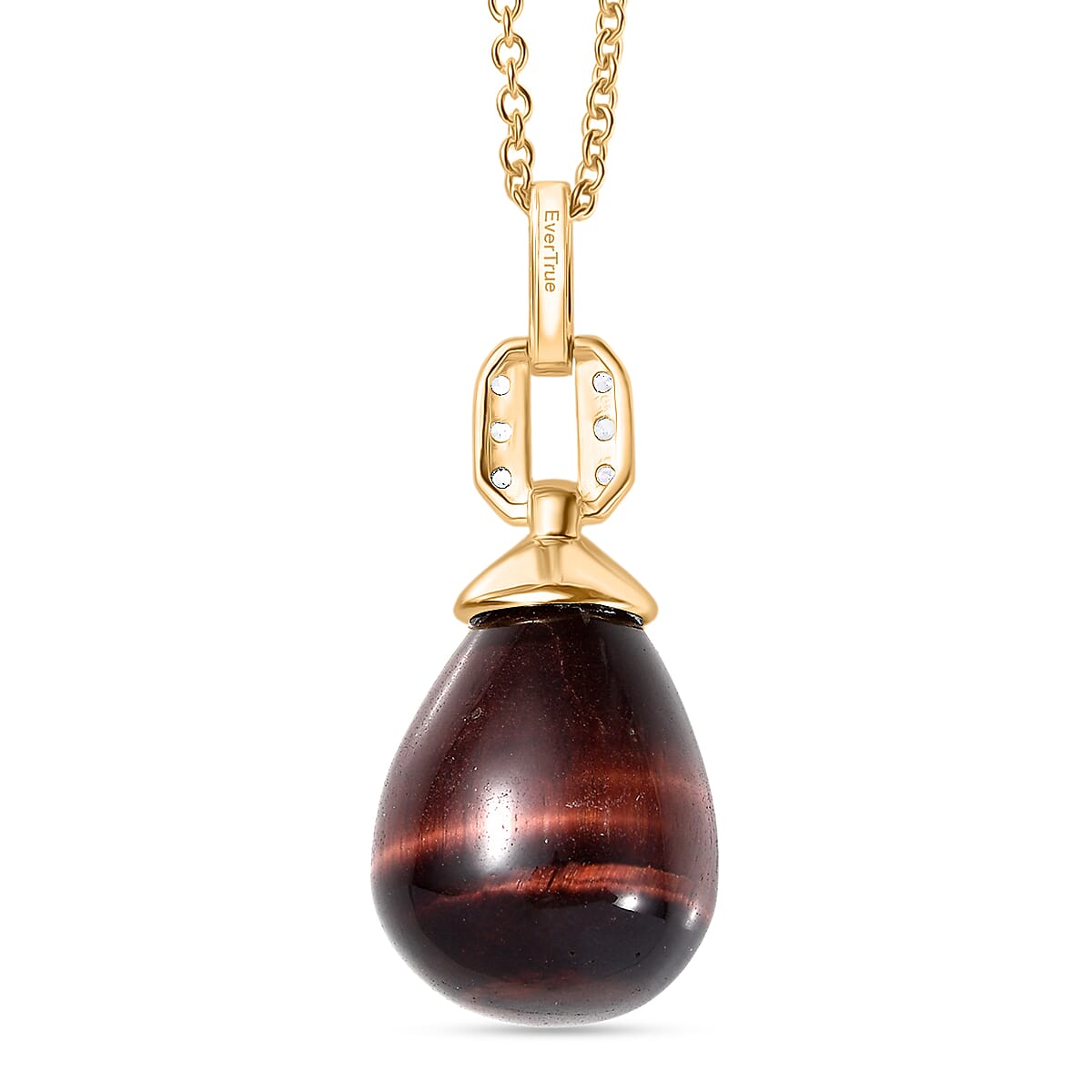 EverTrue Red Tiger Eye & White Zircon Pendant with Chain (Size 20) in Yellow Gold Plated 29.31 Ct.