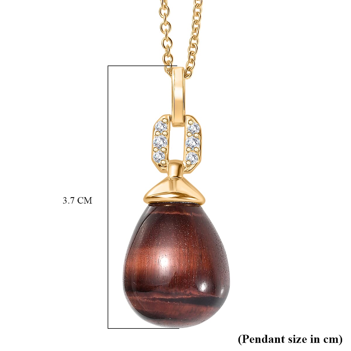 EverTrue Red Tiger Eye & White Zircon Pendant with Chain (Size 20) in Yellow Gold Plated 29.31 Ct.
