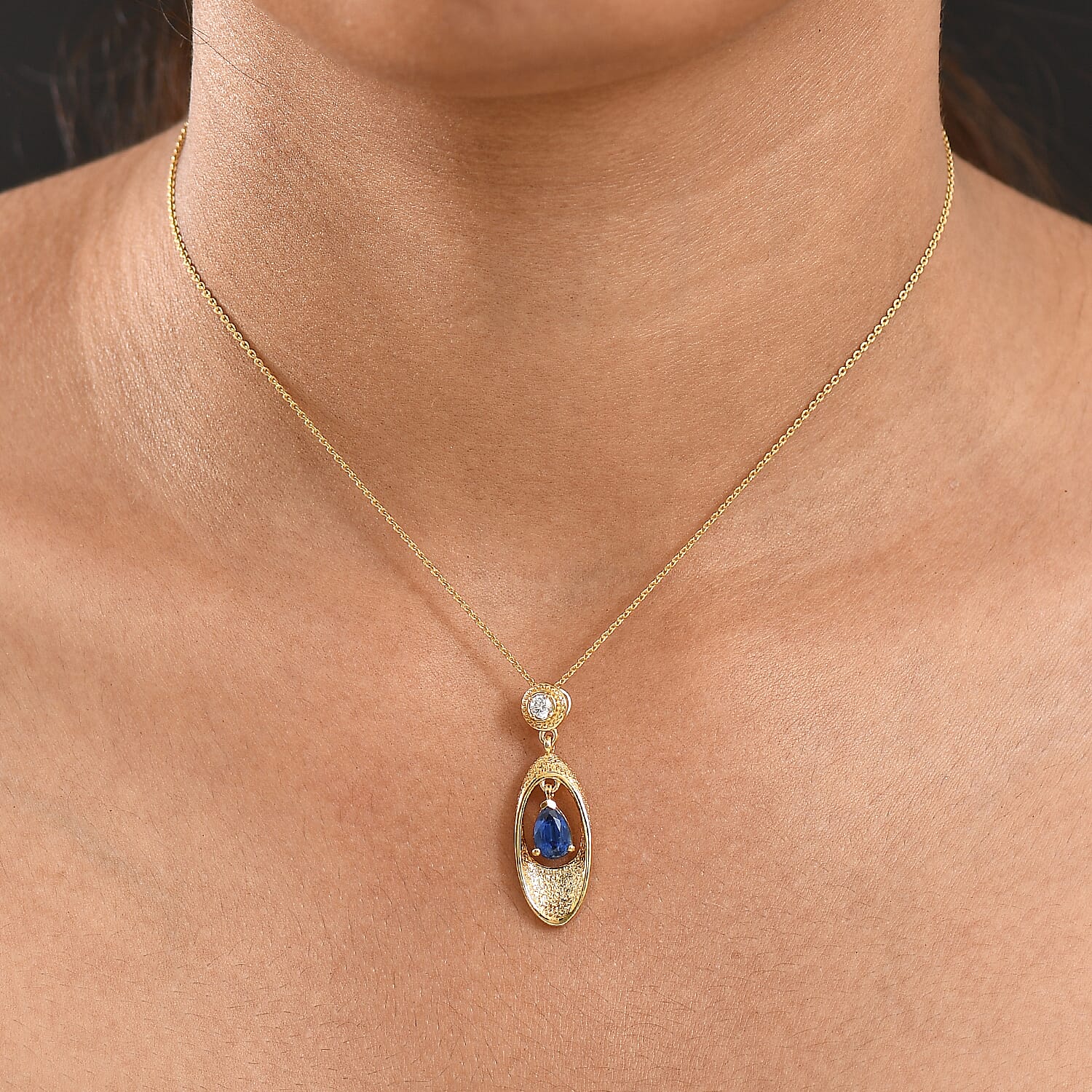 Natural Kashmir Kyanite & White Zircon Pendant with Chain (Size 20) in Yellow Gold Plated Sterling Silver 1.02 Ct.