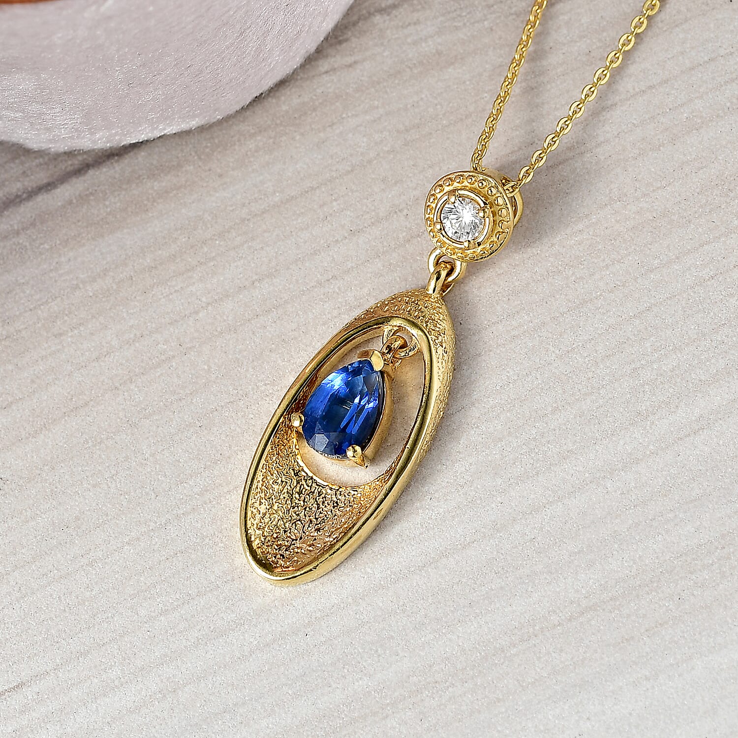 Natural Kashmir Kyanite & White Zircon Pendant with Chain (Size 20) in Yellow Gold Plated Sterling Silver 1.02 Ct.