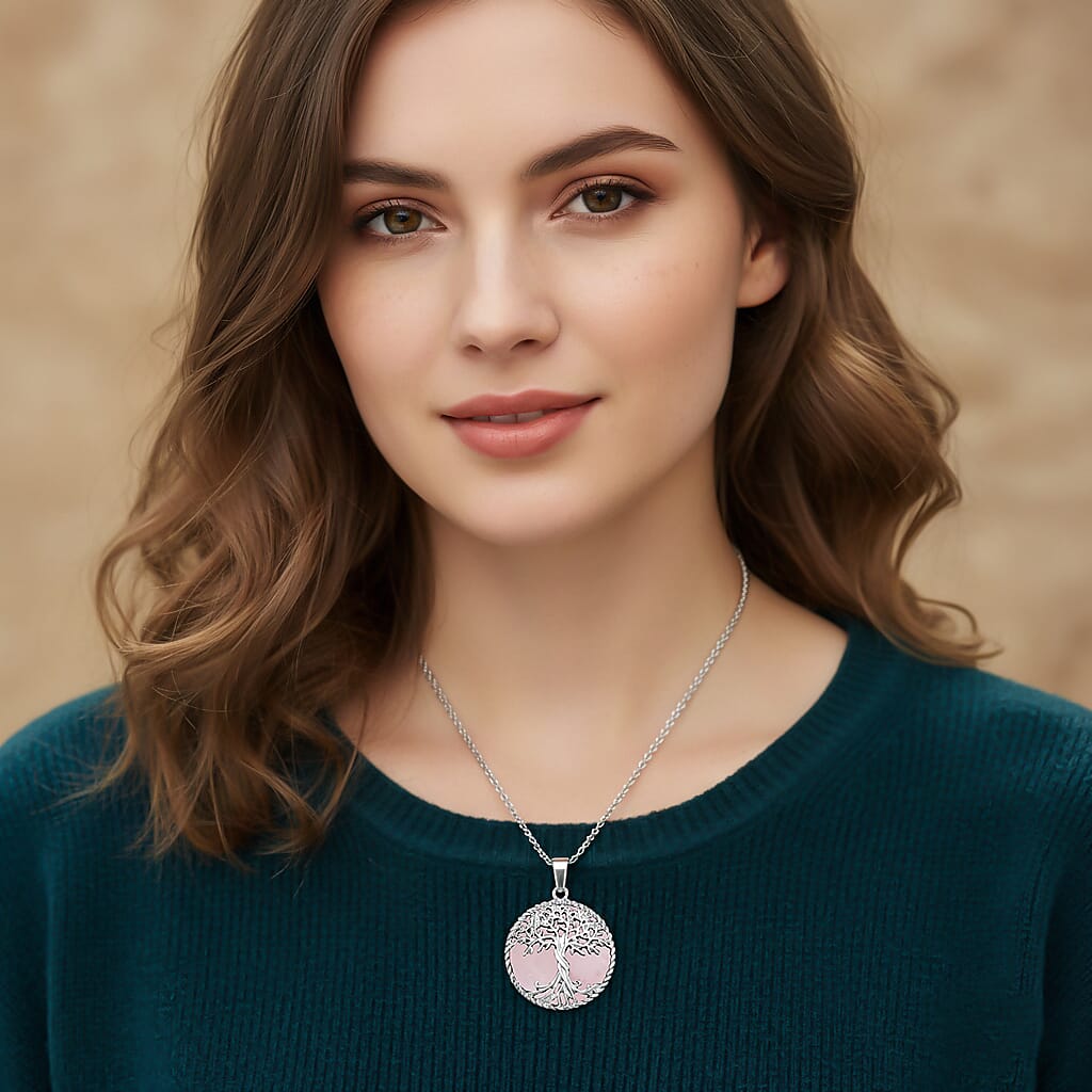 Natures Treasures - Natural Rose Quartz Tree Of Life Pendant with Chain (Size 20)