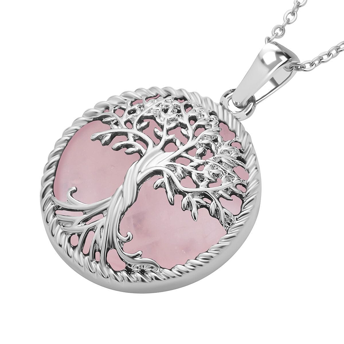Natures Treasures - Natural Rose Quartz Tree Of Life Pendant with Chain (Size 20)