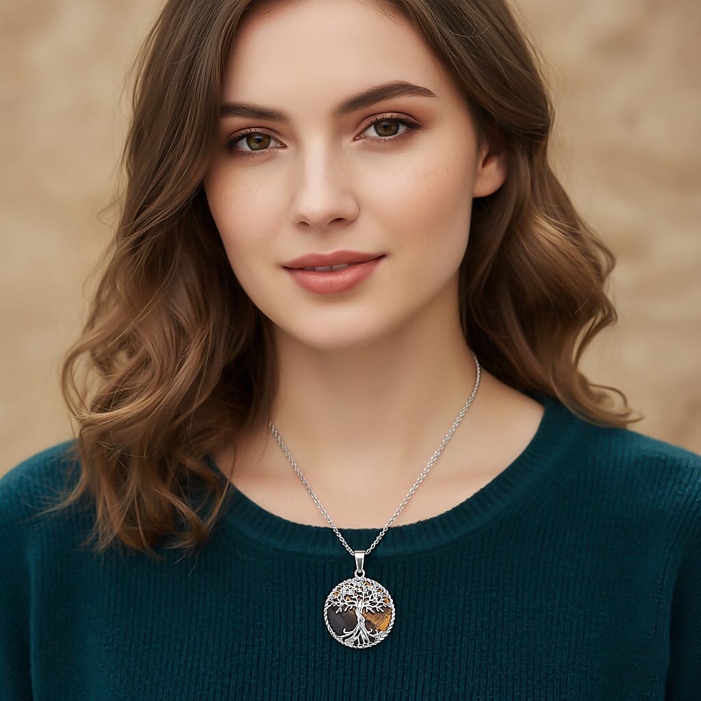 Natures Treasures - Natural Tigers Eye Tree Of Life Pendant with Chain (Size 20)