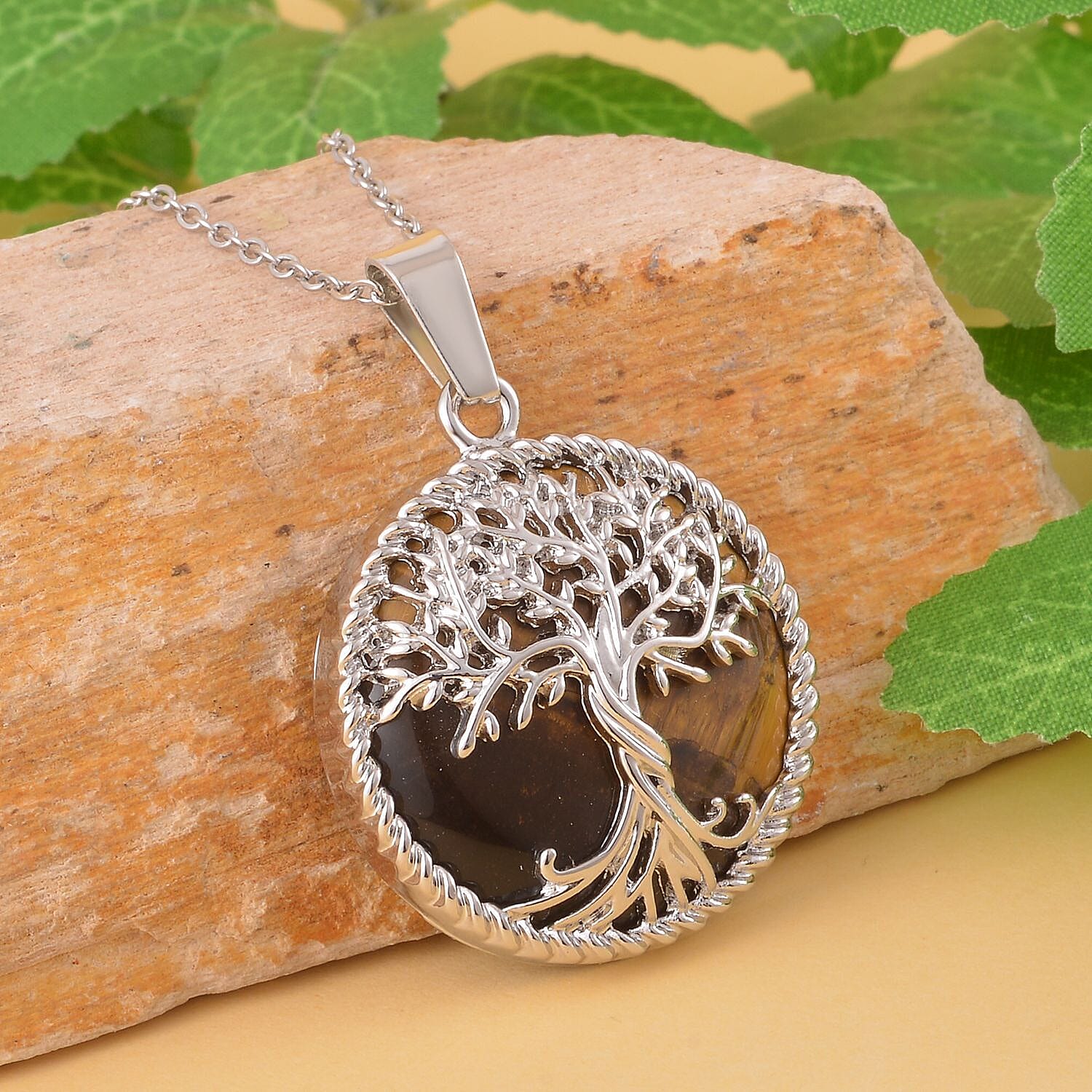 Natures Treasures - Natural Tigers Eye Tree Of Life Pendant with Chain (Size 20)