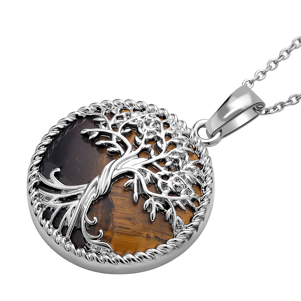 Natures Treasures - Natural Tigers Eye Tree Of Life Pendant with Chain (Size 20)