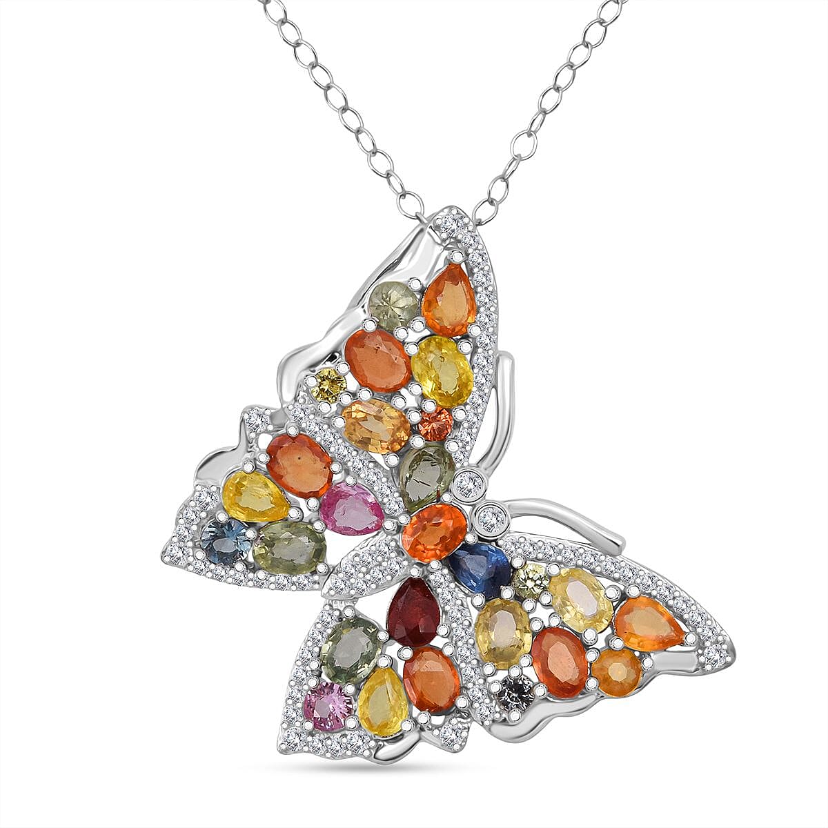 Rainbow Sapphire & White Zircon Pendant with Chain (Size 20) in Rhodium Overlay Sterling Silver 5.60 Ct.