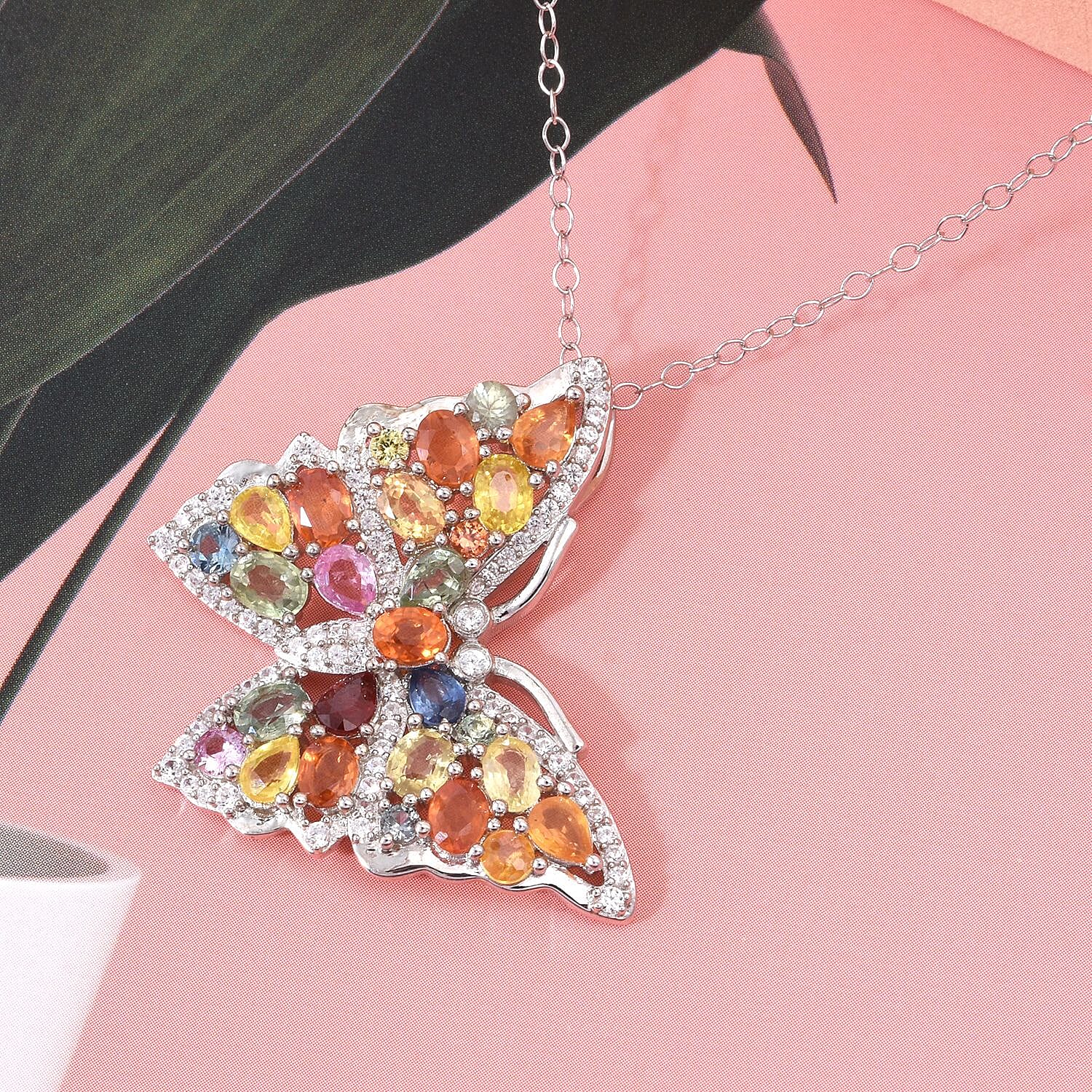 Rainbow Sapphire & White Zircon Pendant with Chain (Size 20) in Rhodium Overlay Sterling Silver 5.60 Ct.