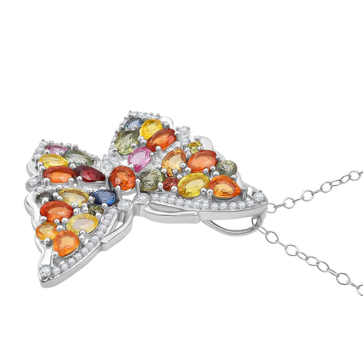 Rainbow Sapphire & White Zircon Pendant with Chain (Size 20) in Rhodium Overlay Sterling Silver 5.60 Ct.